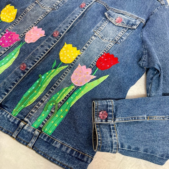 Quacker Factory Sz XL Denim Jean Funky Art-to-Wear Tulip Floral Blazer Jacket - Picture 11 of 12